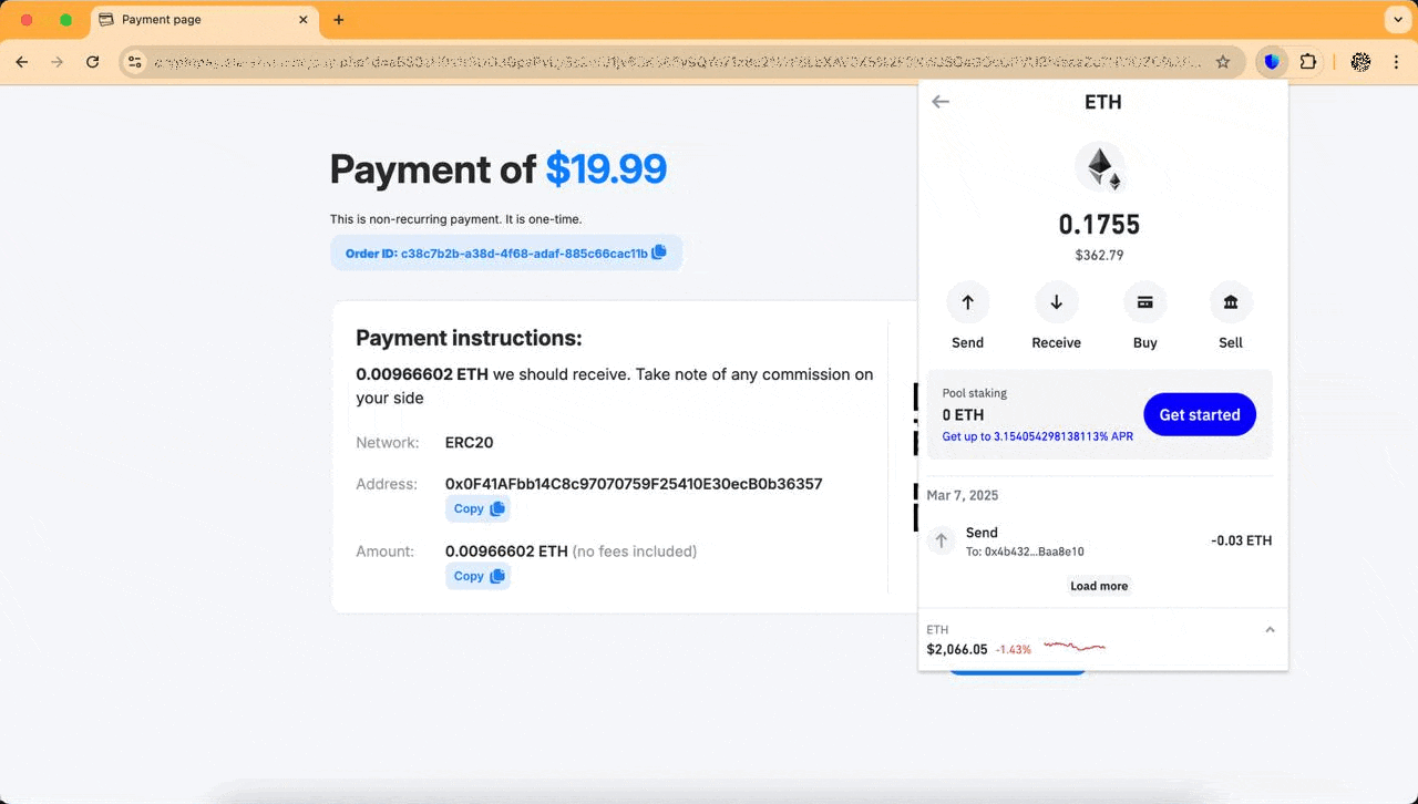 Sending cryptocurrency payment from wallet